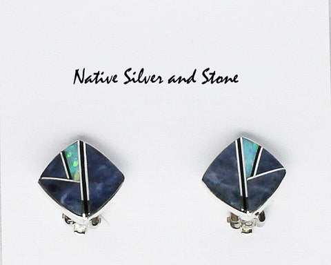 Z-Cathy Webster - Navajo Jewelry<br>Earrings - Clip Multi-Inlay<br>Sodalite, Onyx,Opal<br>Rounded Squares