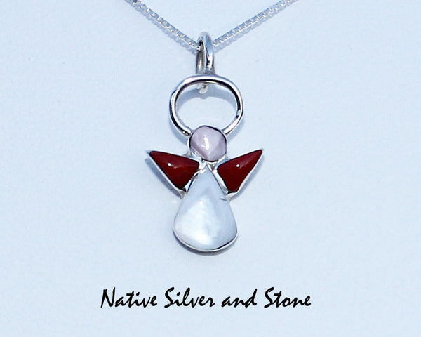 Z Angel Pendant<br>Multi-Inlay with 18" Silver Chain<br>"CM" Zuni<br>Coral, White Mother of Pearl<br>in Sterling Silver
