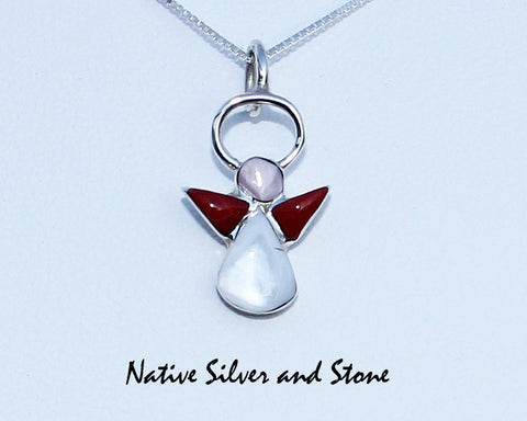 Z Angel Pendant<br>Multi-Inlay with 18" Silver Chain<br>"CM" Zuni<br>Coral, White Mother of Pearl<br>in Sterling Silver