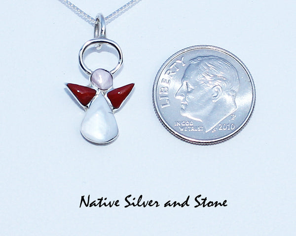 Z Angel Pendant<br>Multi-Inlay with 18" Silver Chain<br>"CM" Zuni<br>Coral, White Mother of Pearl<br>in Sterling Silver
