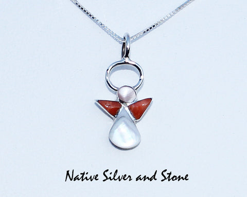 Z Angel Pendant<br>"CM" Zuni<br>Orange Spiny, White Mother of Pearl, Pink Shell<br>Multi-Inlay in Sterling Silver<br>with 18" Silver Chain
