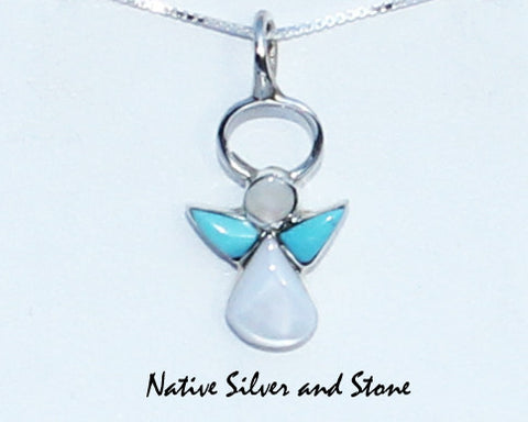 Z Angel Pendant<br>Multi-Inlay with 18" Silver Chain<br>"CM" Zuni<br>Turquoise, White Mother of Pearl<br>in Sterling Silver