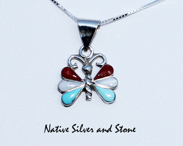 Z Ken Yatsattie-Zuni<br>Pendant-Butterfly<br>Multi-Inlay<br>Coral, White Mother of Pearl,<br>& Sleeping Beauty Turquoise<br>Sterling Silver<br>Silver Chain