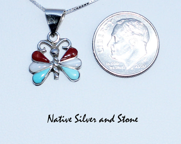 Z Ken Yatsattie-Zuni<br>Pendant-Butterfly<br>Multi-Inlay<br>Coral, White Mother of Pearl,<br>& Sleeping Beauty Turquoise<br>Sterling Silver<br>Silver Chain