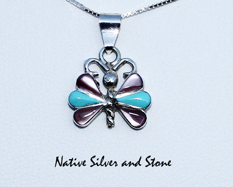 Z Ken Yatsattie - Zuni<br>Pendant-Butterfly <br>Multi-Inlay<br>Pink/Purple Freshwater Shell<br>& Sleeping Beauty Turquoise<br>Sterling Silver<br>Silver Chain