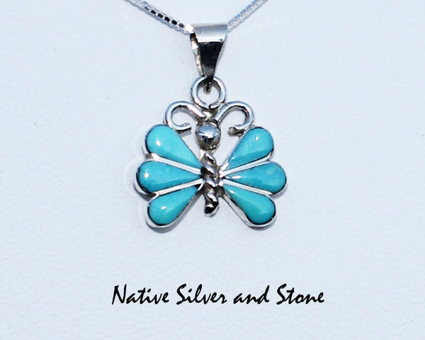 Z Ken Yatsattie -Zuni<br>Pendant-Butterfly <br>Multi-Inlay<br>Sleeping Beauty Turquoise<br>Sterling Silver<br>Silver Chain