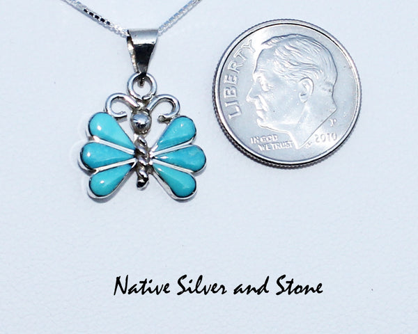 Z Ken Yatsattie -Zuni<br>Pendant-Butterfly <br>Multi-Inlay<br>Sleeping Beauty Turquoise<br>Sterling Silver<br>Silver Chain