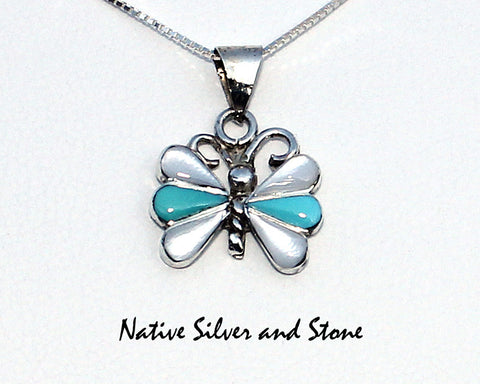 Z Ken Yatsattie-Zuni<br>Pendant-Butterfly<br>Multi-Inlay<br>Turquoise, White Mother of Pearl<br>Sterling Silver<br>Silver Chain