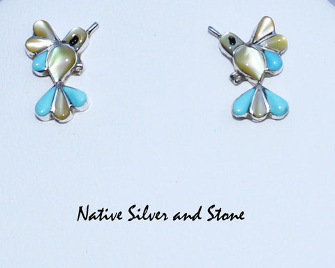 Z Zuni<br>11/16" Earrings<br>Hummingbird Multi-Inlay<br>Turquoise, Gold Lip Mother of Pearl<br>Post<br>Sterling Silver