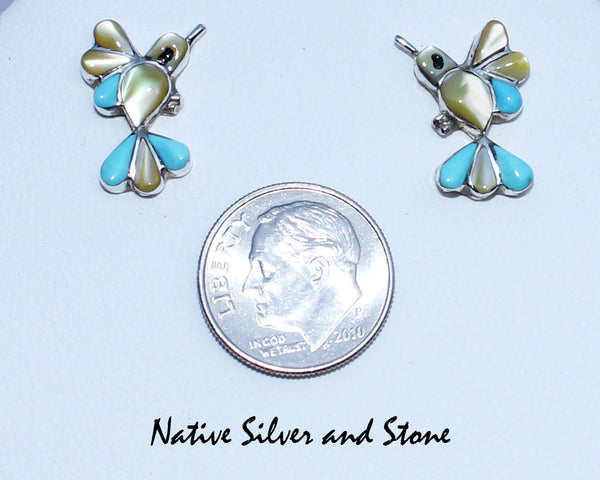 Z Zuni<br>11/16" Earrings<br>Hummingbird Multi-Inlay<br>Turquoise, Gold Lip Mother of Pearl<br>Post<br>Sterling Silver