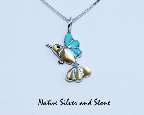Hummingbird Pendant - Multi-Inlay with Silver Chain<br>Zuni<br>Turquoise, Gold Lip Mother of Pearl<br>in Sterling Silver