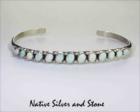 Z Carmichael Walela (Zuni) Jewelry<br>Bracelet Cuff 1/4" Tapered to 1/8"<br>Opal Ovals Angled with<br>Sterling Silver Bead Accents<br>Size 7 (Large)