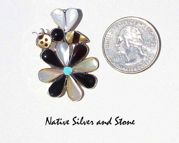 Miscellaneous Artist (Angus Ahiyite?)<br>Zuni Jewelry<br>Bumblebee w Flower Multi-Inlay<br>Pendant/Pin-Medium Large<br>White & Gold Lip Mother of Pearl