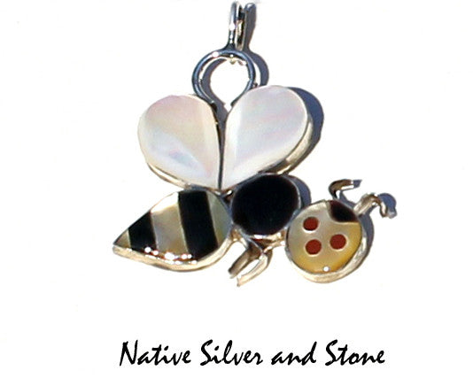 Z Miscellaneous Artist (Angus Ahiyite?)<br>Zuni Jewelry<br>Bumblebee Multi-Inlay<br>Pendant-Medium Large<br>White & Gold Lip Mother of Pearl
