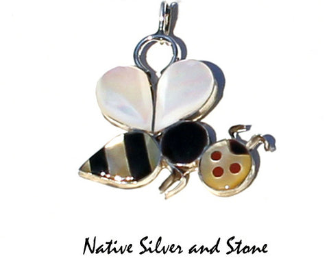Z Miscellaneous Artist (Angus Ahiyite?)<br>Zuni Jewelry<br>Bumblebee Multi-Inlay<br>Pendant-Medium Large<br>White & Gold Lip Mother of Pearl