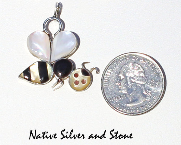 Z Miscellaneous Artist (Angus Ahiyite?)<br>Zuni Jewelry<br>Bumblebee Multi-Inlay<br>Pendant-Medium Large<br>White & Gold Lip Mother of Pearl