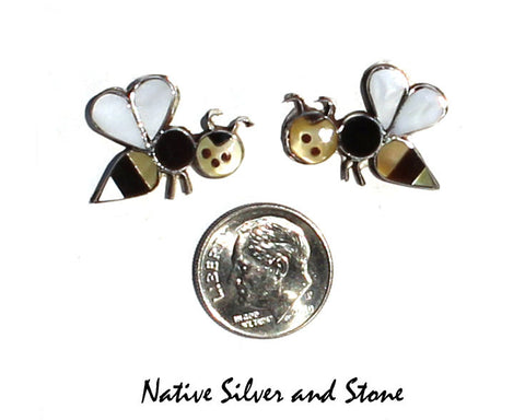 Miscellaneous Artist (Angus Ahiyite?)<br>Zuni Jewelry<br>Bumblebee Multi-Inlay<br>Earrings Post/Stud<br>White & Gold Lip Mother of Pearl