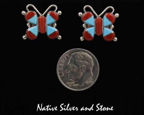 Sylvan Noche - Zuni<br>5/8" Earrings - Post<br>Turquoise & Coral-Multi-inlay<br>Small Butterfly<br>Sterling Silver