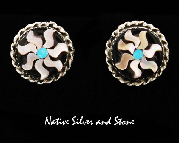 Z Miscellaneous Artist - Zuni<br>5/8" Earrings <br>Inlay Flowers<br>Pink Mussel Shell, Jet, Turquoise<br>Sterling Silver