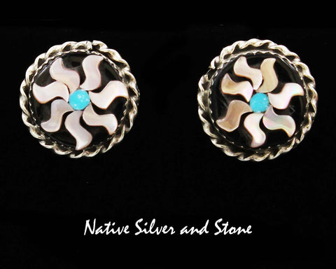 Z Miscellaneous Artist - Zuni<br>5/8" Earrings <br>Inlay Flowers<br>Pink Mussel Shell, Jet, Turquoise<br>Sterling Silver