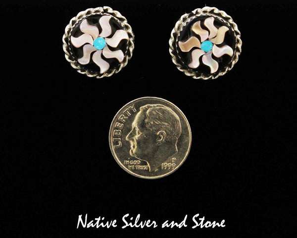 Z Miscellaneous Artist - Zuni<br>5/8" Earrings <br>Inlay Flowers<br>Pink Mussel Shell, Jet, Turquoise<br>Sterling Silver