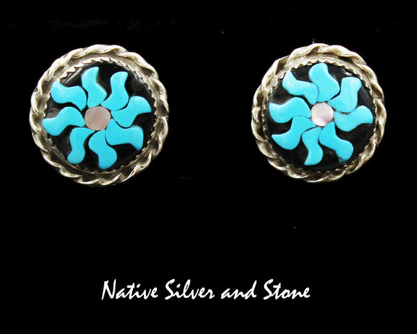 Z Miscellaneous Artist - Zuni<br>5/8" Earrings <br>Inlay Flowers<br>Turquoise, Jet, Pink Mussel Shell<br>Sterling Silver