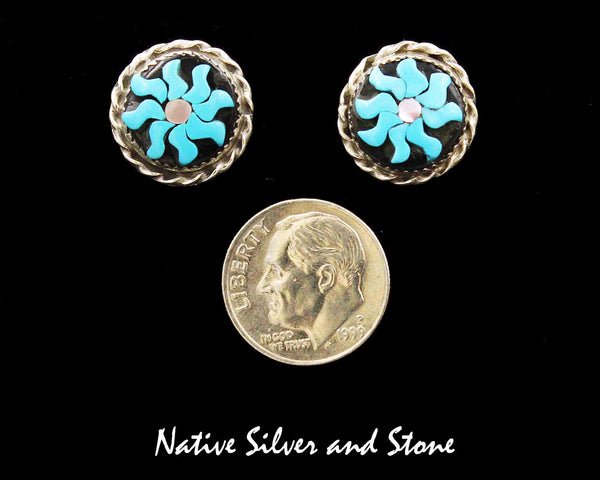 Z Miscellaneous Artist - Zuni<br>5/8" Earrings <br>Inlay Flowers<br>Turquoise, Jet, Pink Mussel Shell<br>Sterling Silver
