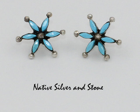 Z Miscellaneous Artist (Zuni)<br>Earrings - Post<br>6 Point Star of Needlepoint<br>Turquoise