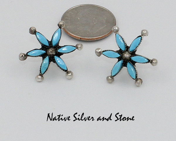 Z Miscellaneous Artist (Zuni)<br>Earrings - Post<br>6 Point Star of Needlepoint<br>Turquoise