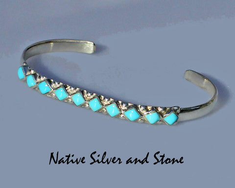 Z Miscellaneous - Zuni Jewelry<br>Bracelet Cuff 3/16" Diamonds<br>10 Segments of Turquoise<br>Set in Sterling Silver<br>with 22 Silver Bead Accents<br>Size 6-1/8" (Medium-Small)