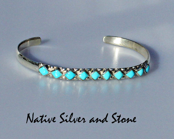 Z Miscellaneous - Zuni Jewelry<br>Bracelet Cuff 3/16" Diamonds<br>10 Segments of Turquoise<br>Set in Sterling Silver<br>with 22 Silver Bead Accents<br>Size 6-1/8" (Medium-Small)