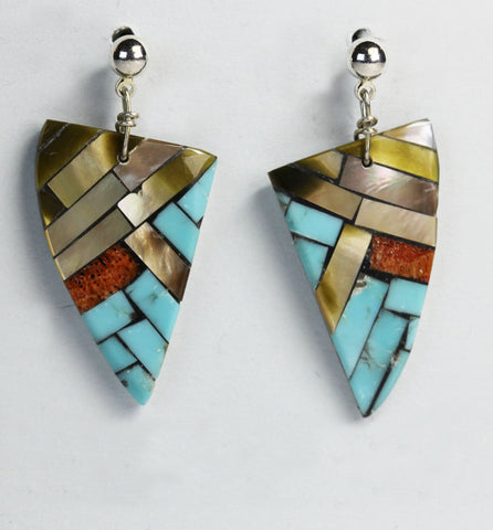 Z Dean & Rena Owen<br>Kewa-Santo Domingo Pueblo<br>Earrings-Dangle Post<br>Curved Tooth Mosaic<br>Blue Turquoise, Mother of Pearl,<br> & Coral