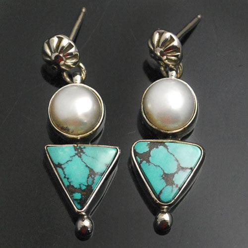 Z Rosella Sandoval - Apache<br>Earrings - Dangle Post<br>Pearl & Triangle of Kingman Turquoise