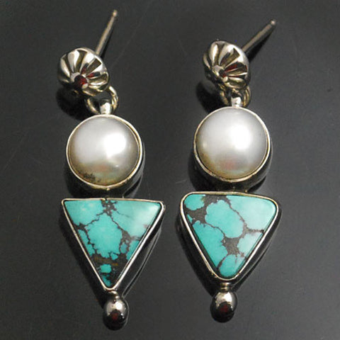 Z Rosella Sandoval - Apache<br>Earrings - Dangle Post<br>Pearl & Triangle of Kingman Turquoise