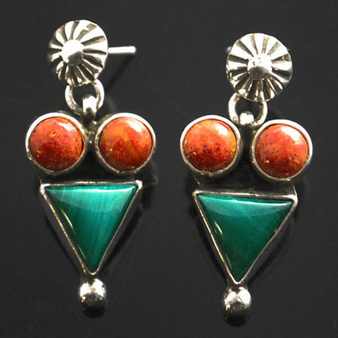 Z Rosella Sandoval - Apache<br>1" Earrings<br>Malachite & Apple Coral<br>Dangle Post<br> Sterling Silver