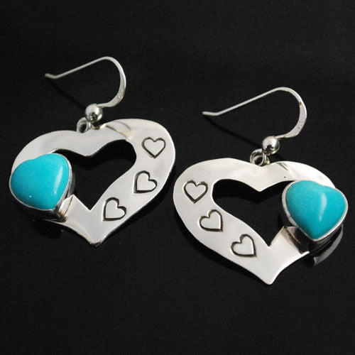 Ruth Ann Begay - Navajo<br>7/8" Earrings<br>Hearts<br>Enhanced Sleeping Beauty Turquoise<br>Sterling Silver