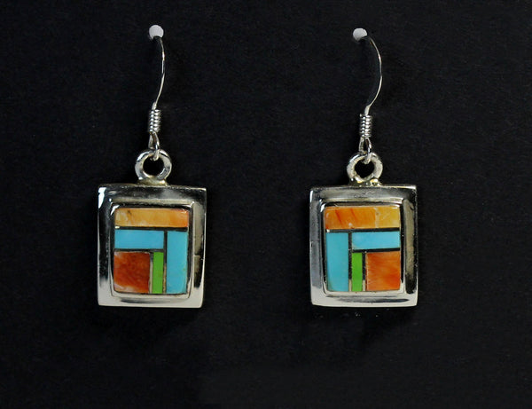 Navajo Jewelry Earrings<br>French Wire "Desert Sunrise" <br>Turquoise, Orange Spiny,<br> Gaspiete Multi-Inlay<br>Small Vertical Rectangle<br>Sterling Silver Accent Perimeter