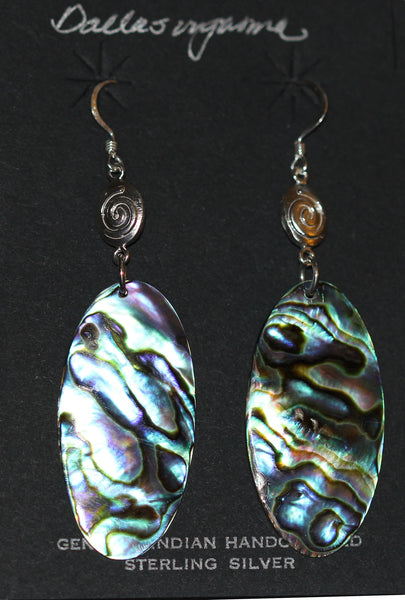 Bennard & Frances Dallasvuyaoma Hopi-Pima<br>2" Earrings<br> Large Oval Abalone<br>Hook<br> Sterling Silver
