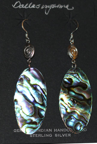 Bennard & Frances Dallasvuyaoma Hopi-Pima<br>2" Earrings<br> Large Oval Abalone<br>Hook<br> Sterling Silver