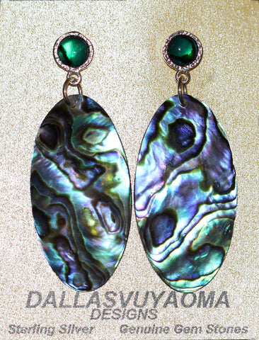 Z Dallasvuyaoma (Hopi/Pima)<br>Earrings - Dangle Post<br>Vertical Abalone Oval w Gem Dot