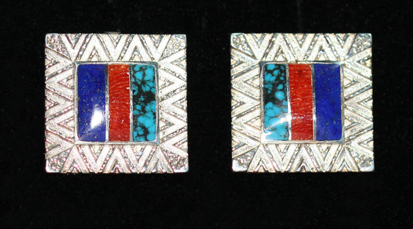 Bennard & Frances Dallasvuyaoma Hopi/Pima<br>13/16" Earrings Sandcast Basketweave<br>(3) Channels Multi-Inlay Squares<br>Lapis, Turquoise, Apple Coral<br>Post<br>Sterling Silver