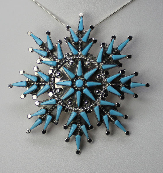 Z Vera Halusewa - Zuni<br>2-3/16" Pendant - Snowflake, Large<br>Kingman Turquoise Needlepoint<br>Sterling Silver