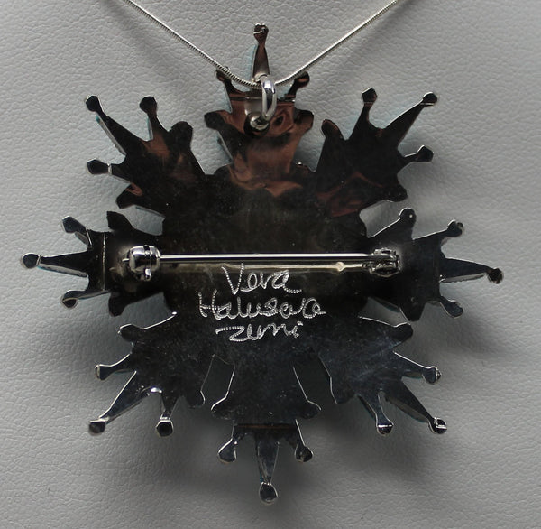 Z Vera Halusewa - Zuni<br>2-3/16" Pendant - Snowflake, Large<br>Kingman Turquoise Needlepoint<br>Sterling Silver