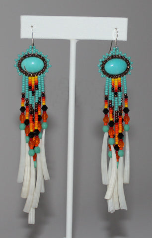 Z LeJeune & Joe Chavez, Kewa<br>Earrings - French Wire<br>Horizontal Turquoise Ovals<br>Swarovski Crystals, Seedbeads, Cutbeads, Facet Beads<br>Dentalium Sea Shells