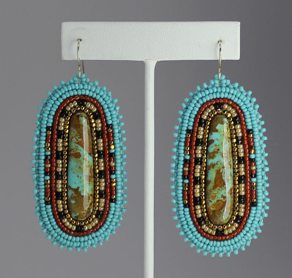LeJeune & Joe Chavez<br>Kewa/Santo Domingo, Seminole<br>Elongated Oval Earrings - French Wire<br>Handmade Beaded Perimeter with<br>Green  Royston Turquoise