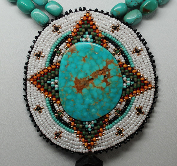 Joe & Le Jeune Chavez<br>Santo Domingo/Kewa-Seminole<br>Necklace -Beaded<br>Turquoise & Orange Spiny Oyster