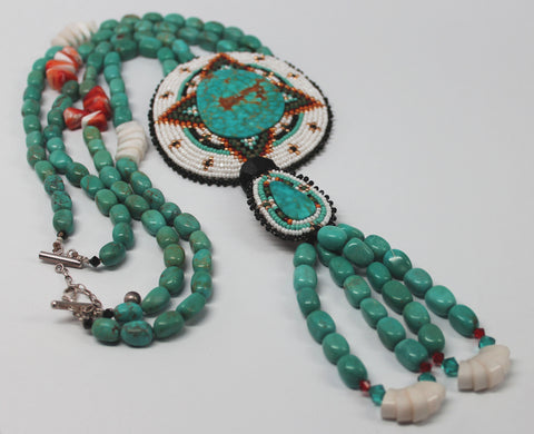 Joe & Le Jeune Chavez<br>Santo Domingo/Kewa-Seminole<br>Necklace -Beaded<br>Turquoise & Orange Spiny Oyster