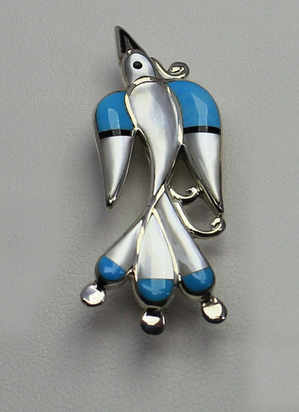 Z G Quam - Zuni<br>Pendant/Pin<br>Peyote Bird-Multi-Inlay<br>White Mother of Pearl, Turquoise, & Jet<br>Sterling Silver