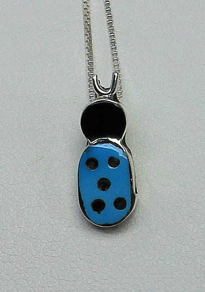 Z   SC - Zuni Jewelry<br>Pendant w Chain<br>Ladybug - Multi-Inlay<br>Turquoise & Jet with Sterling Silver Chain