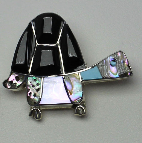 Z Zuni Jewelry<br>Pendant-Pin<br>Turtle Multi-Inlay<br>Onyx, Abalone, Turquoise,<br>& Mother of Pearl